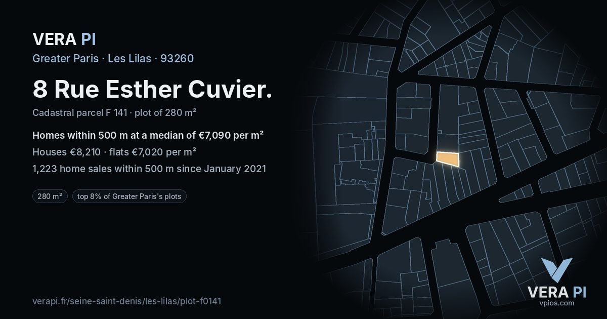 8 Rue Esther Cuvier, Les Lilas at night – the plot lit, the parcels around coloured by the prices near them