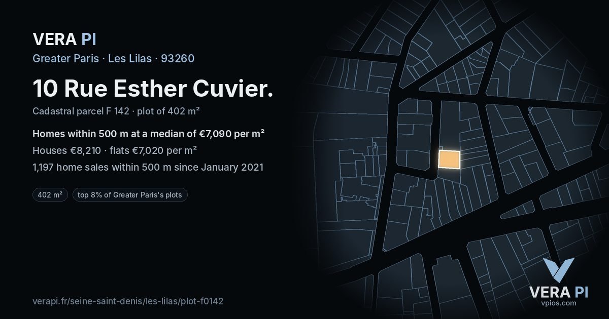 10 Rue Esther Cuvier, Les Lilas at night – the plot lit, the parcels around coloured by the prices near them
