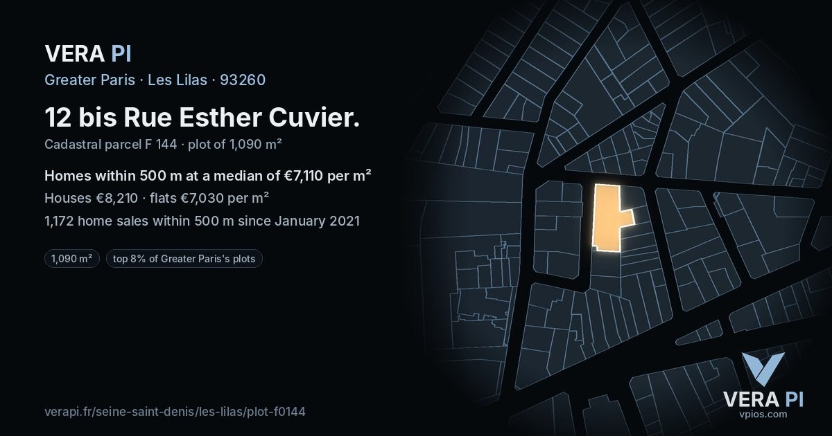12 bis Rue Esther Cuvier, Les Lilas at night – the plot lit, the parcels around coloured by the prices near them