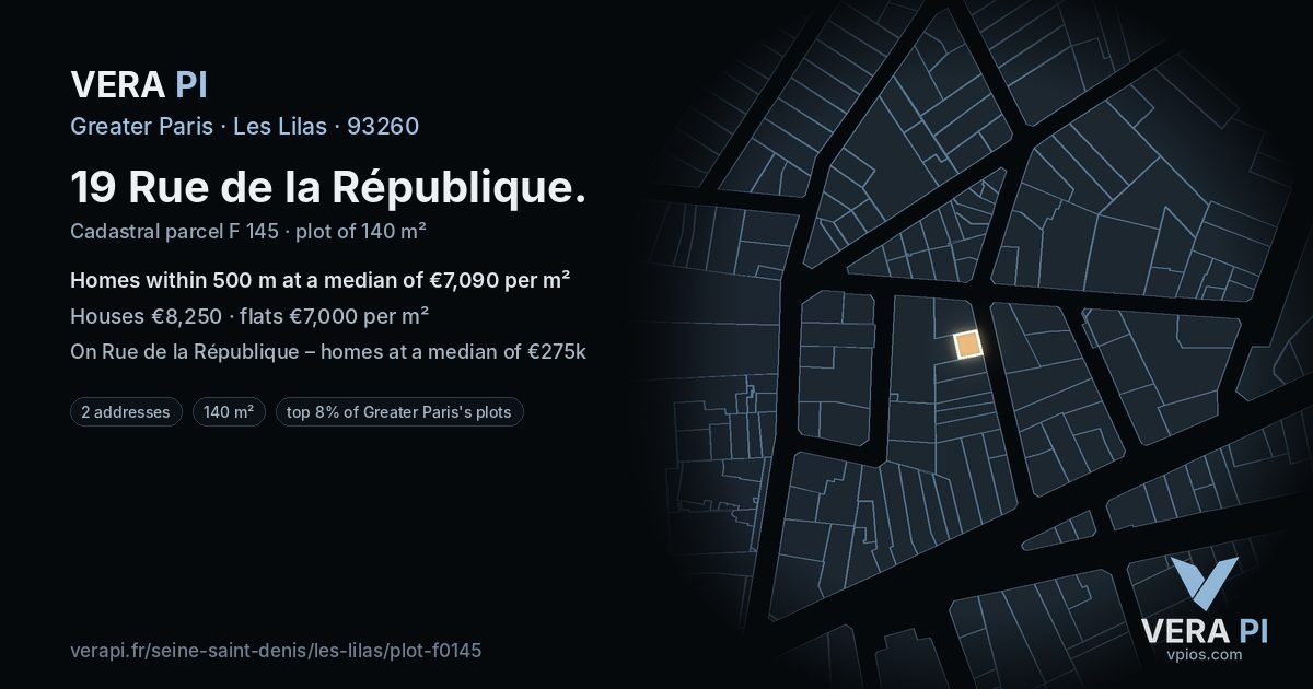 19 Rue de la République, Les Lilas at night – the plot lit, the parcels around coloured by the prices near them
