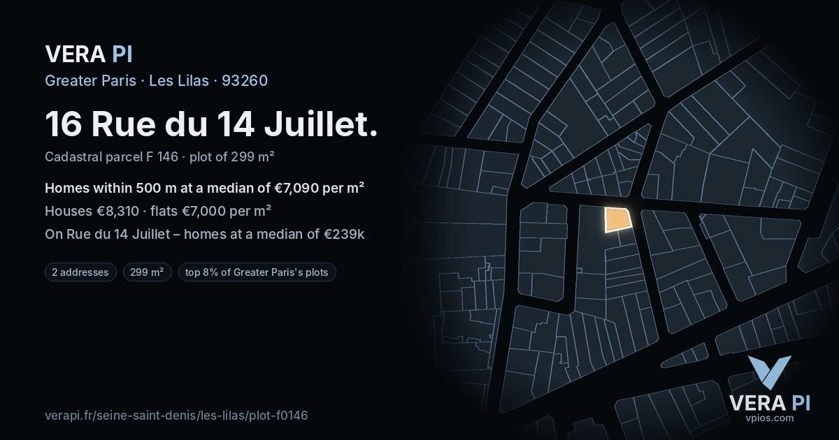 16 Rue du 14 Juillet, Les Lilas at night – the plot lit, the parcels around coloured by the prices near them
