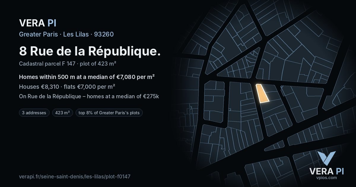 8 Rue de la République, Les Lilas at night – the plot lit, the parcels around coloured by the prices near them
