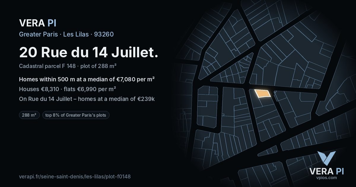 20 Rue du 14 Juillet, Les Lilas at night – the plot lit, the parcels around coloured by the prices near them
