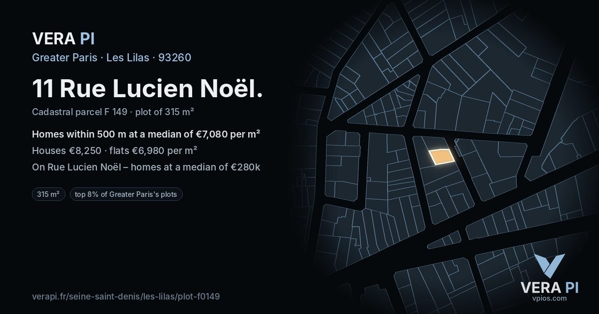 11 Rue Lucien Noël, Les Lilas at night – the plot lit, the parcels around coloured by the prices near them