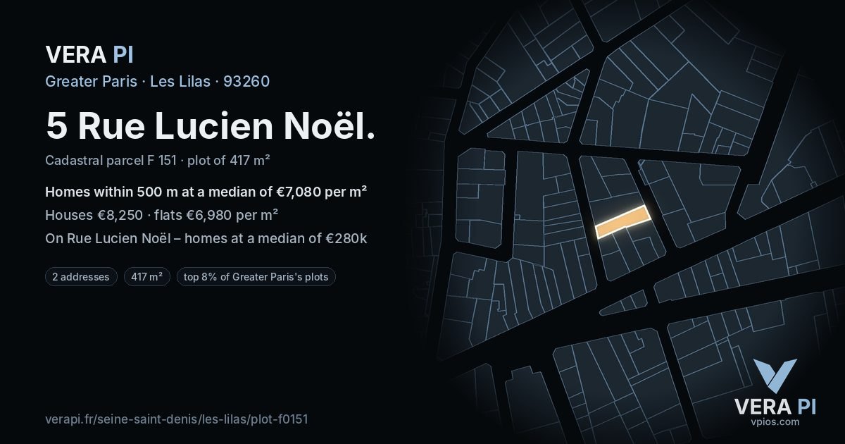 5 Rue Lucien Noël, Les Lilas at night – the plot lit, the parcels around coloured by the prices near them