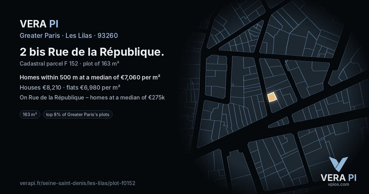 2 bis Rue de la République, Les Lilas at night – the plot lit, the parcels around coloured by the prices near them