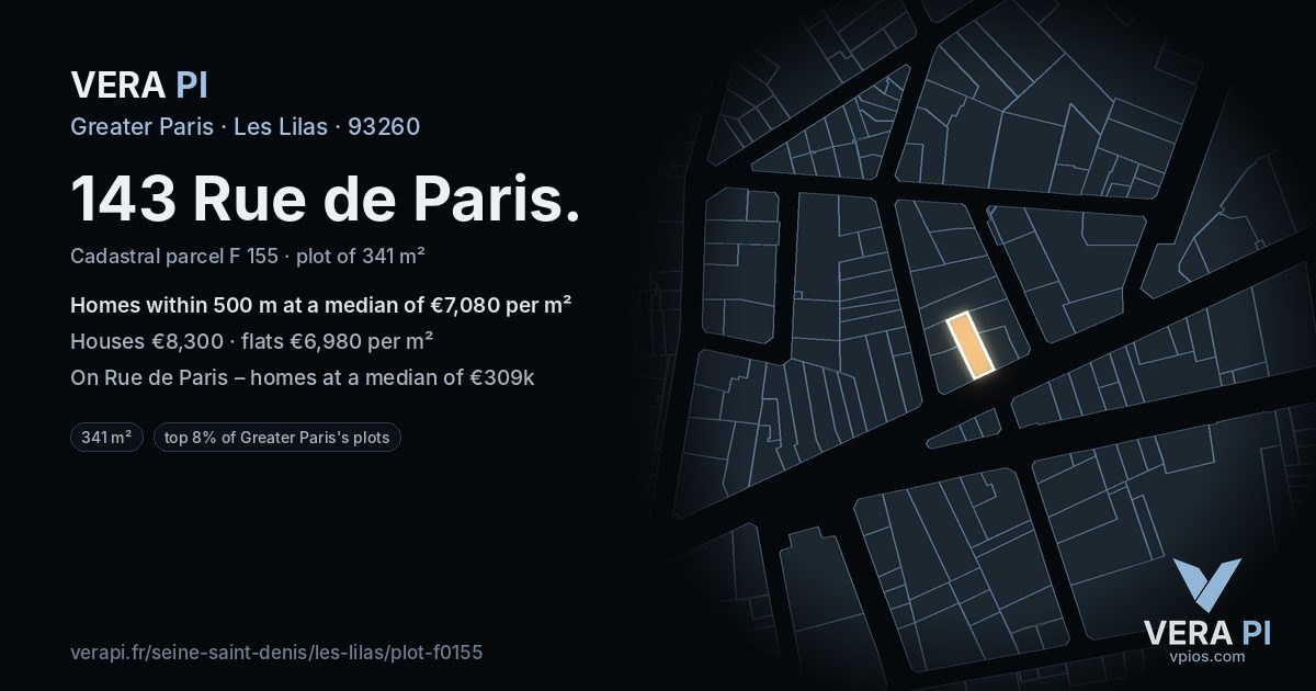 143 Rue de Paris, Les Lilas at night – the plot lit, the parcels around coloured by the prices near them