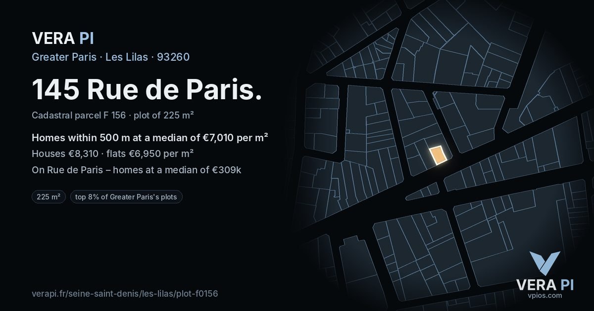 145 Rue de Paris, Les Lilas at night – the plot lit, the parcels around coloured by the prices near them