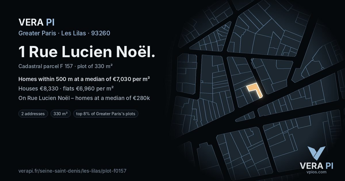 1 Rue Lucien Noël, Les Lilas at night – the plot lit, the parcels around coloured by the prices near them