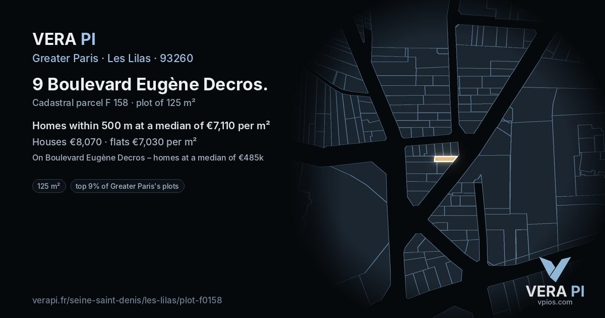 9 Boulevard Eugène Decros, Les Lilas at night – the plot lit, the parcels around coloured by the prices near them