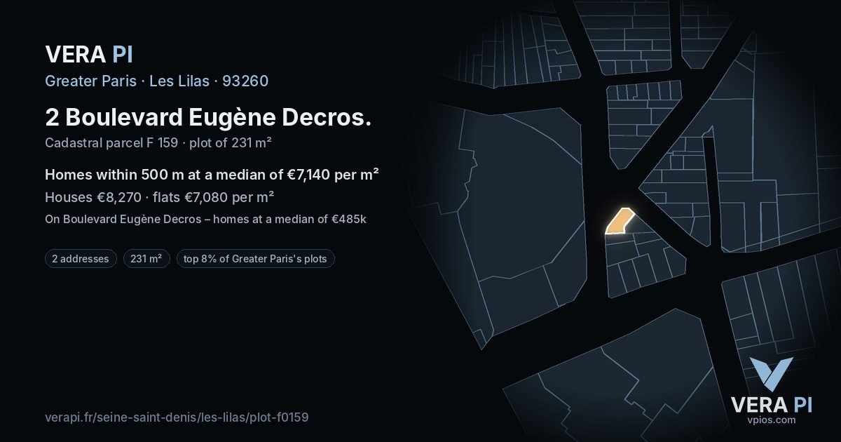 2 Boulevard Eugène Decros, Les Lilas at night – the plot lit, the parcels around coloured by the prices near them
