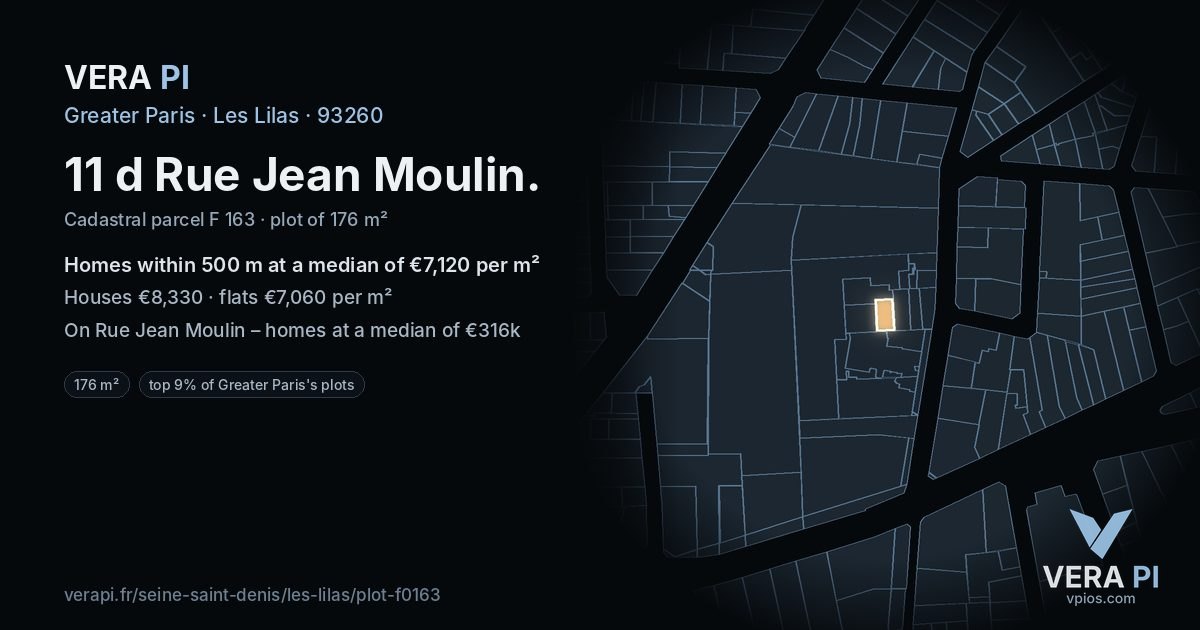 11 d Rue Jean Moulin, Les Lilas at night – the plot lit, the parcels around coloured by the prices near them