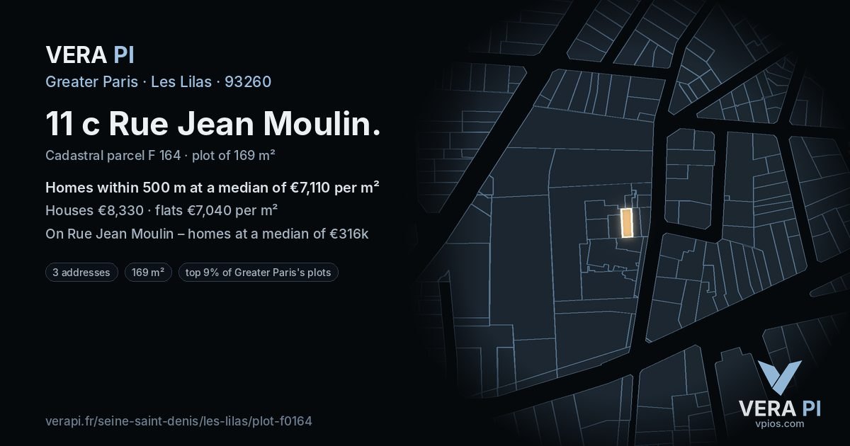 11 c Rue Jean Moulin, Les Lilas at night – the plot lit, the parcels around coloured by the prices near them