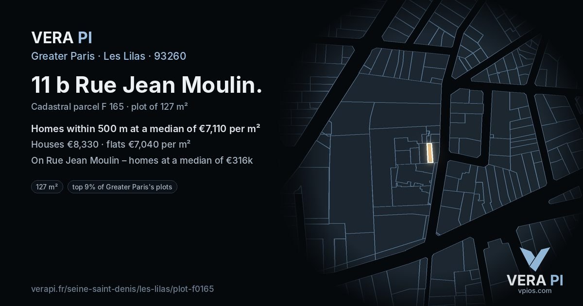 11 b Rue Jean Moulin, Les Lilas at night – the plot lit, the parcels around coloured by the prices near them
