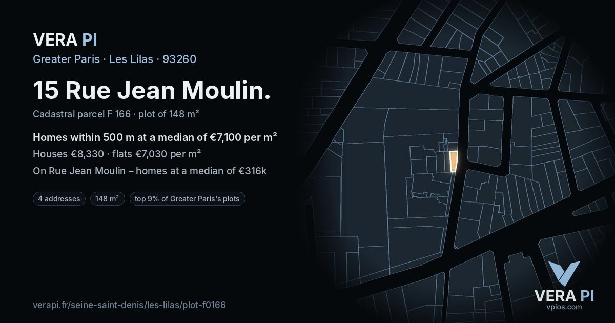 15 Rue Jean Moulin, Les Lilas at night – the plot lit, the parcels around coloured by the prices near them