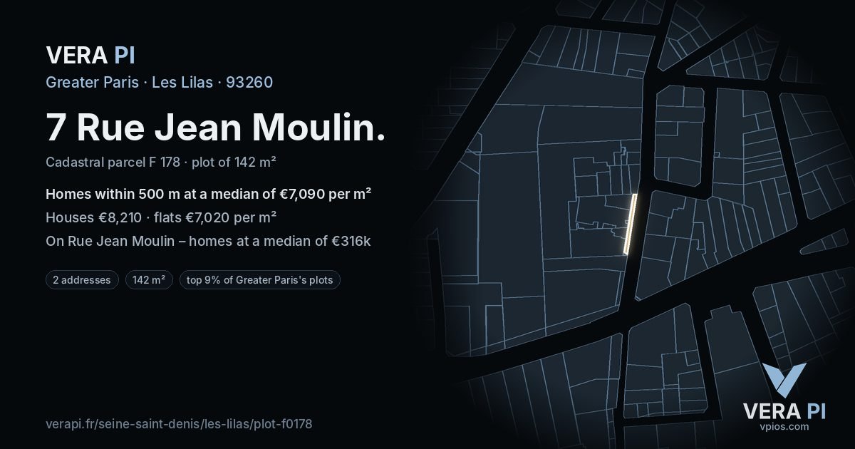 7 Rue Jean Moulin, Les Lilas at night – the plot lit, the parcels around coloured by the prices near them