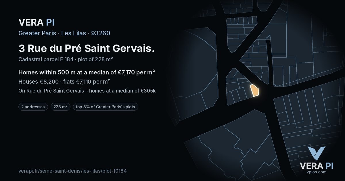 3 Rue du Pré Saint Gervais, Les Lilas at night – the plot lit, the parcels around coloured by the prices near them
