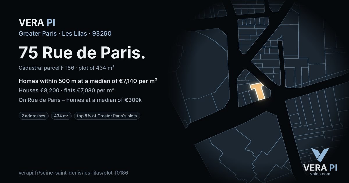 75 Rue de Paris, Les Lilas at night – the plot lit, the parcels around coloured by the prices near them