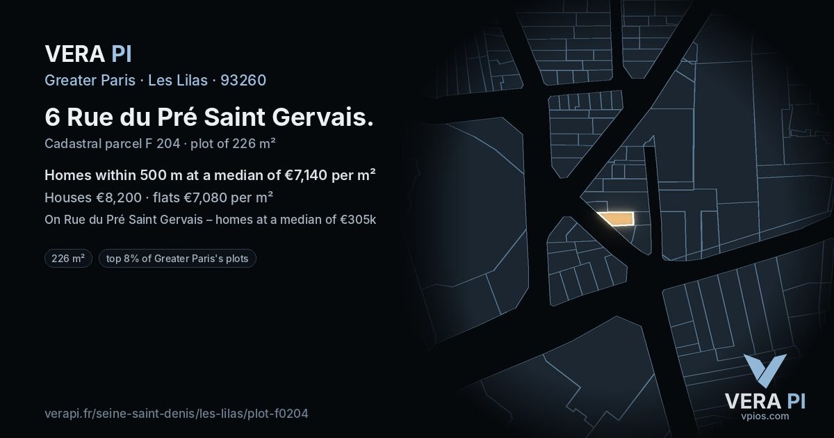 6 Rue du Pré Saint Gervais, Les Lilas at night – the plot lit, the parcels around coloured by the prices near them