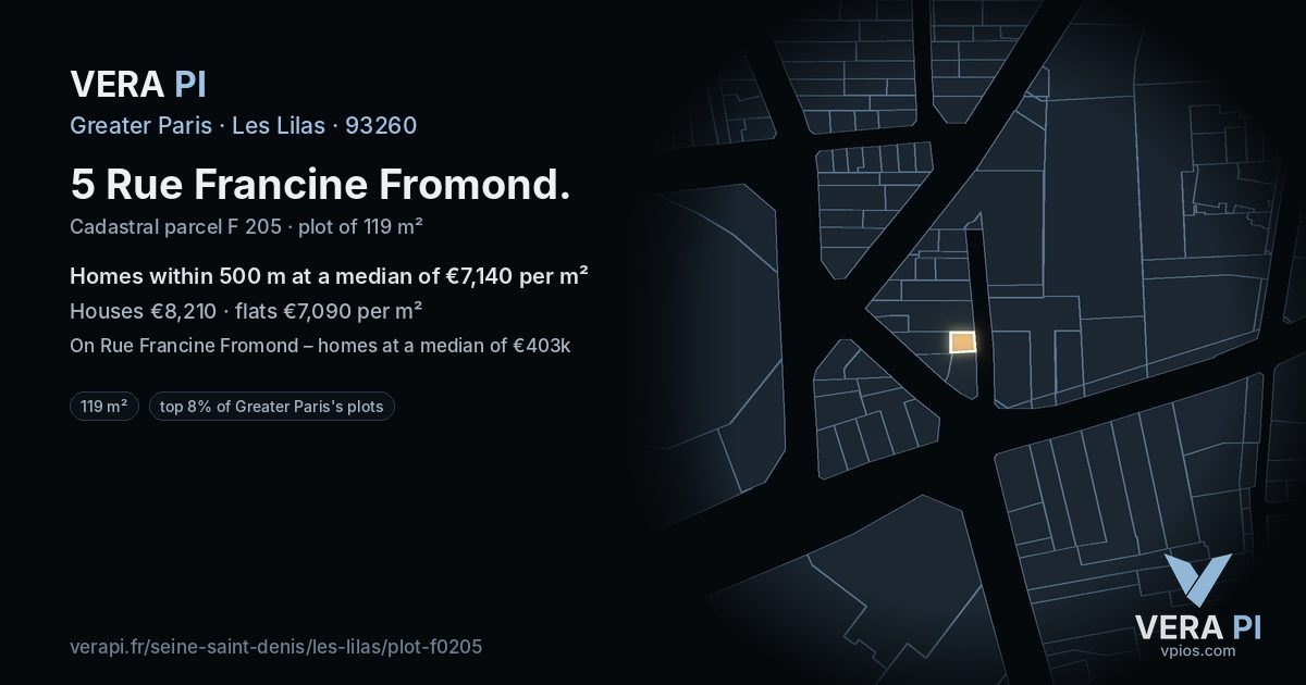 5 Rue Francine Fromond, Les Lilas at night – the plot lit, the parcels around coloured by the prices near them