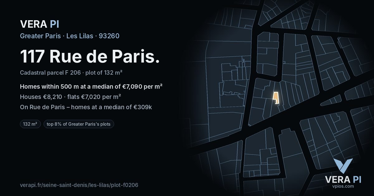 117 Rue de Paris, Les Lilas at night – the plot lit, the parcels around coloured by the prices near them