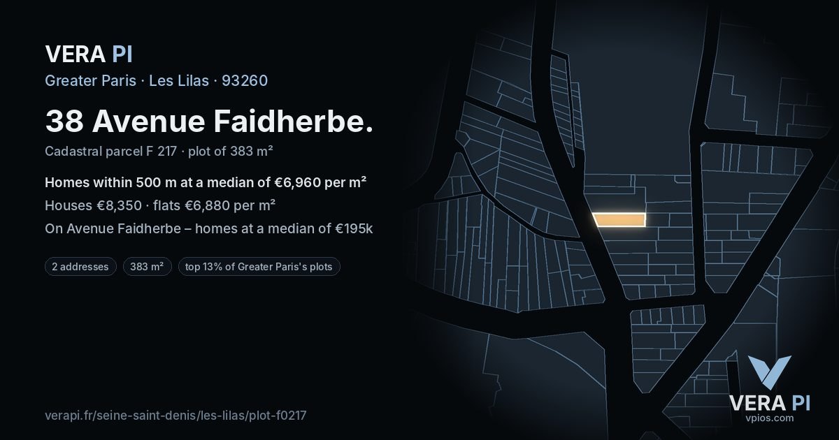 38 Avenue Faidherbe, Les Lilas at night – the plot lit, the parcels around coloured by the prices near them