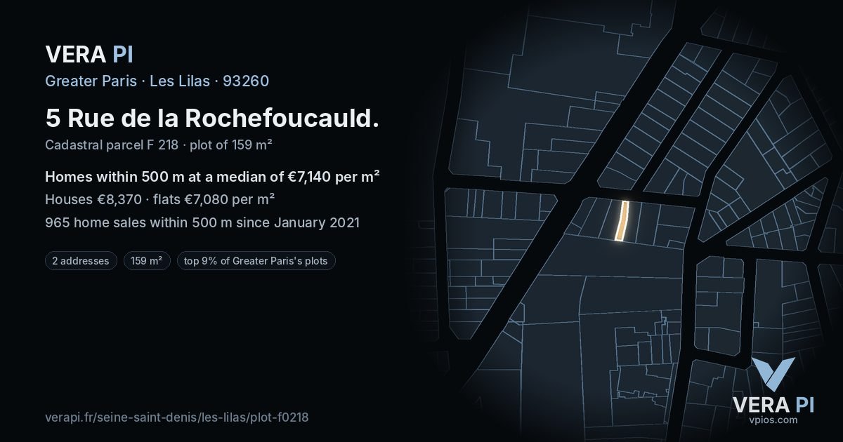 5 Rue de la Rochefoucauld, Les Lilas at night – the plot lit, the parcels around coloured by the prices near them