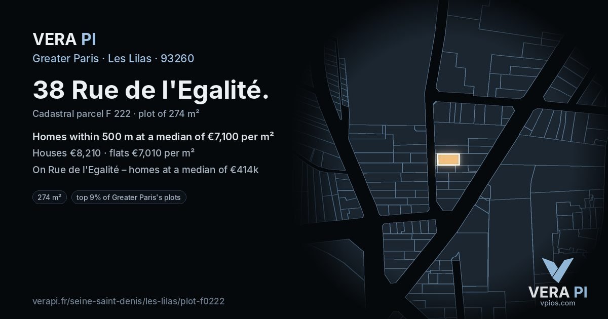 38 Rue de l'Egalité, Les Lilas at night – the plot lit, the parcels around coloured by the prices near them