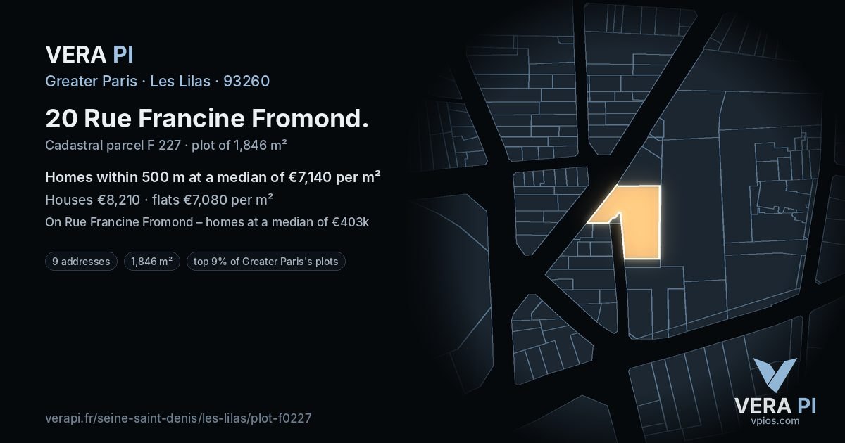 20 Rue Francine Fromond, Les Lilas at night – the plot lit, the parcels around coloured by the prices near them