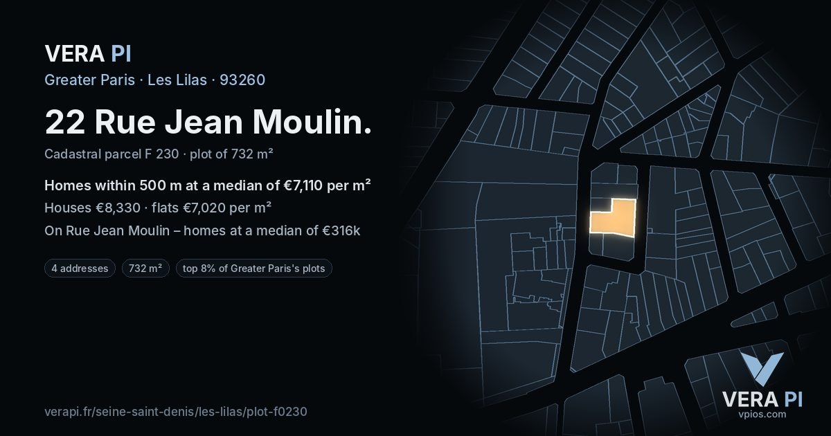 22 Rue Jean Moulin, Les Lilas at night – the plot lit, the parcels around coloured by the prices near them