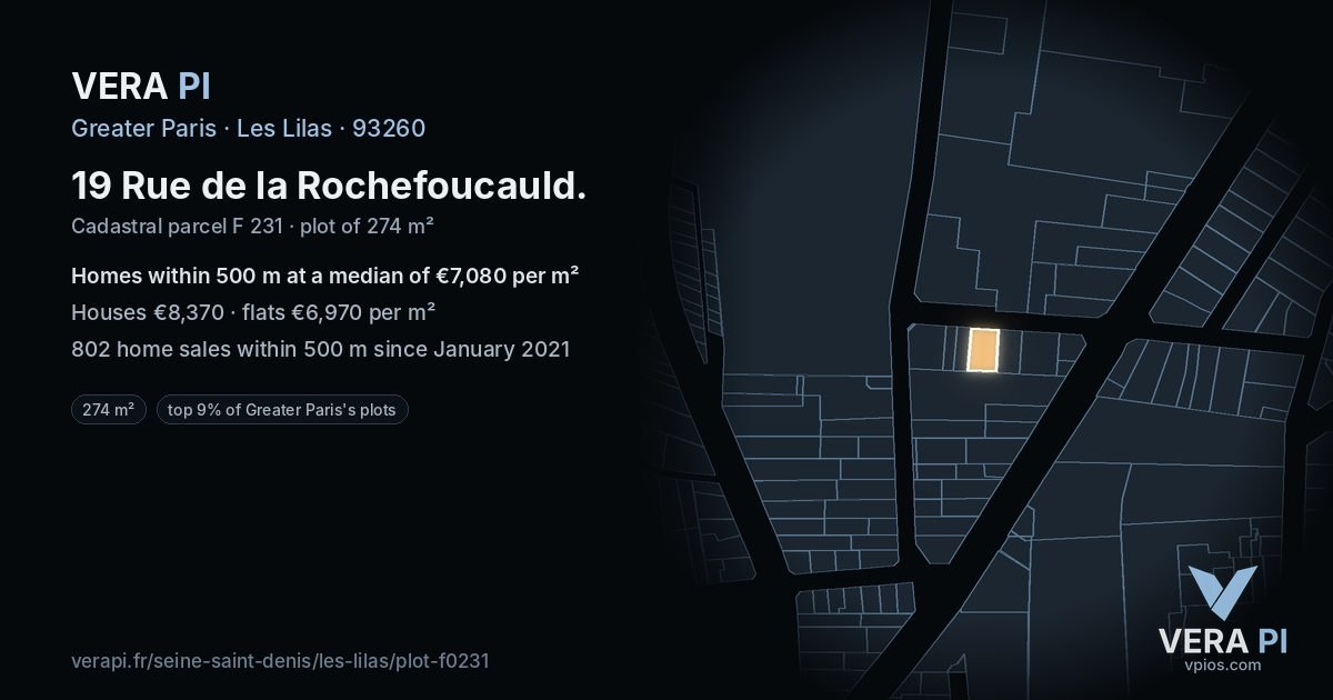 19 Rue de la Rochefoucauld, Les Lilas at night – the plot lit, the parcels around coloured by the prices near them