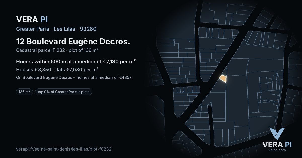 12 Boulevard Eugène Decros, Les Lilas at night – the plot lit, the parcels around coloured by the prices near them