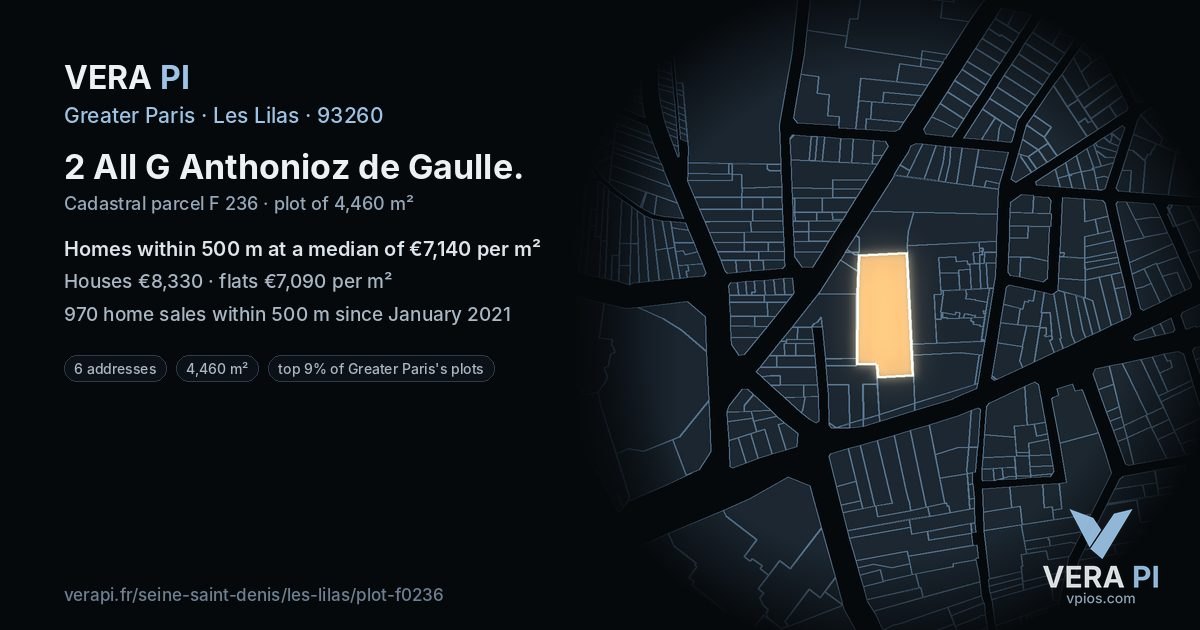 2 All G Anthonioz de Gaulle, Les Lilas at night – the plot lit, the parcels around coloured by the prices near them