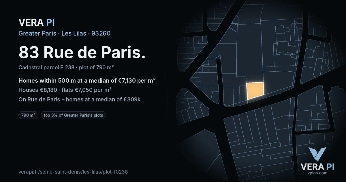 83 Rue de Paris, Les Lilas at night – the plot lit, the parcels around coloured by the prices near them