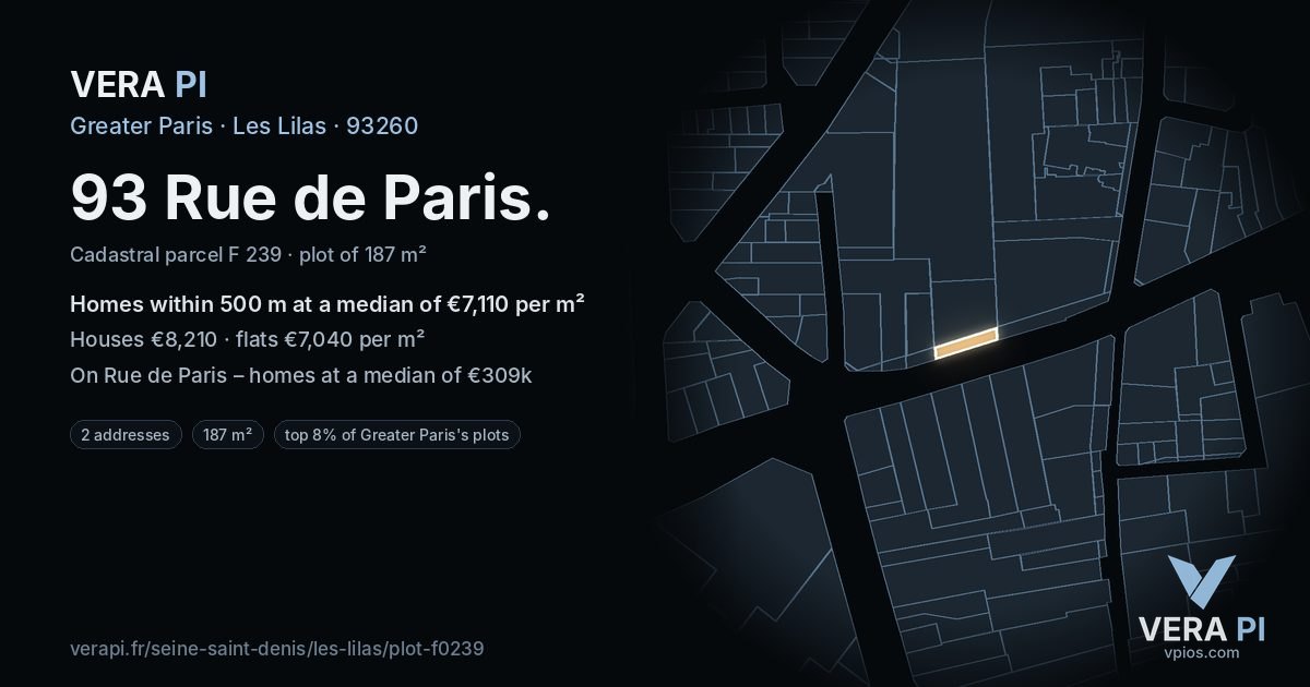 93 Rue de Paris, Les Lilas at night – the plot lit, the parcels around coloured by the prices near them