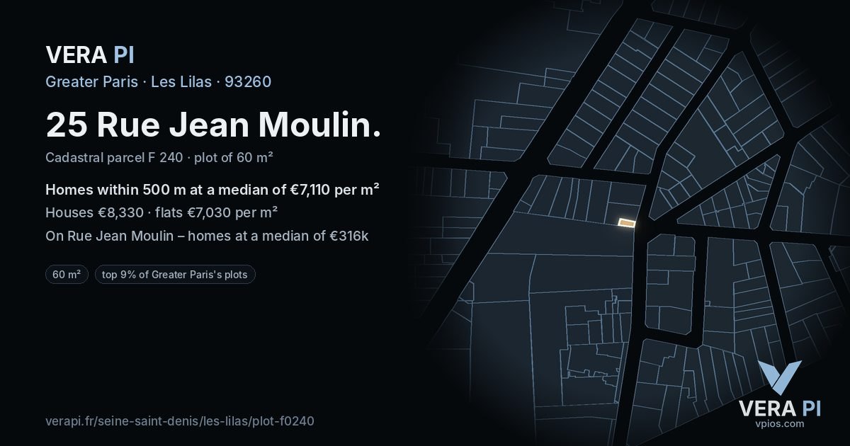 25 Rue Jean Moulin, Les Lilas at night – the plot lit, the parcels around coloured by the prices near them