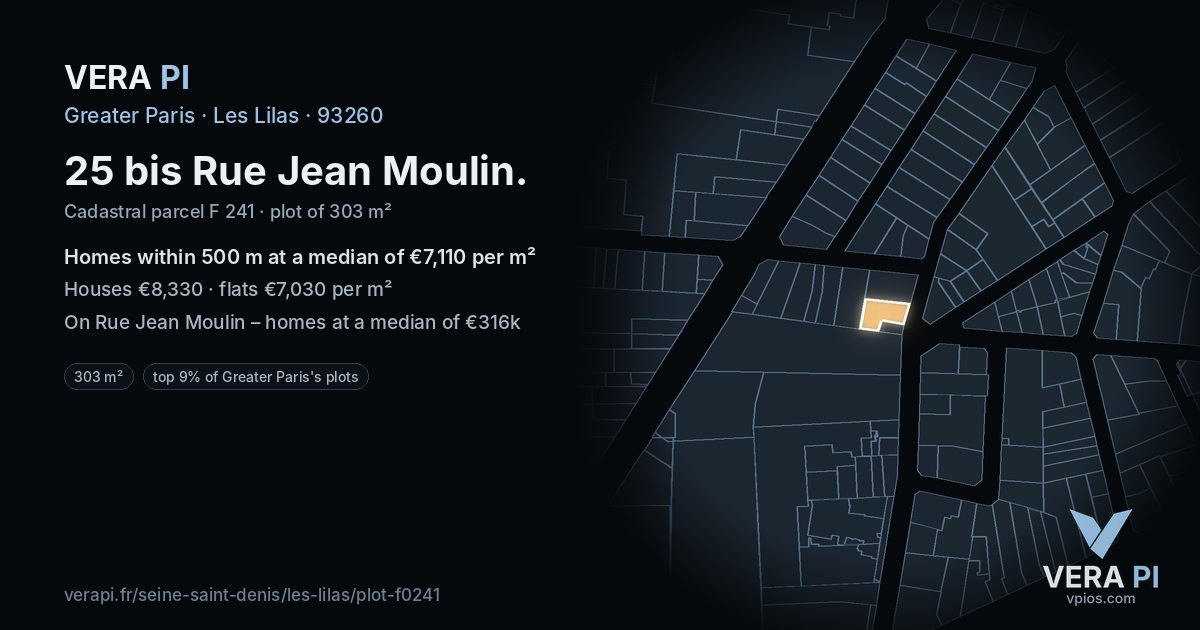 25 bis Rue Jean Moulin, Les Lilas at night – the plot lit, the parcels around coloured by the prices near them