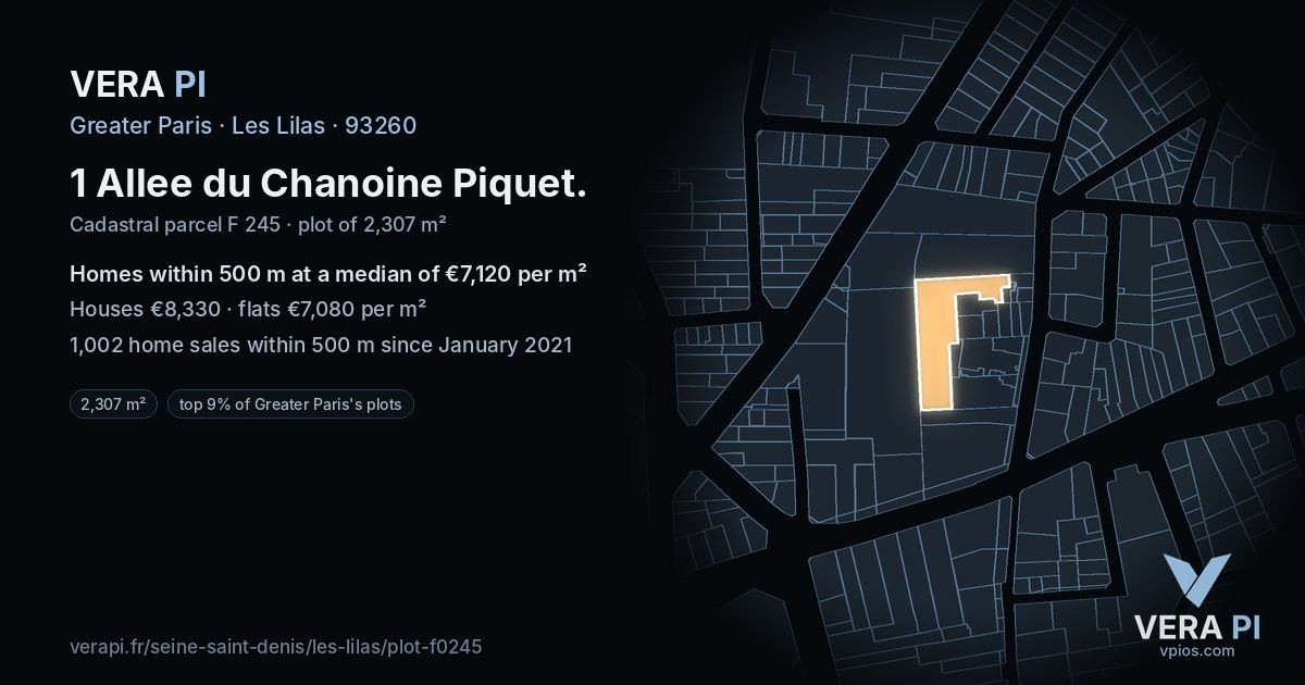 1 Allee du Chanoine Piquet, Les Lilas at night – the plot lit, the parcels around coloured by the prices near them