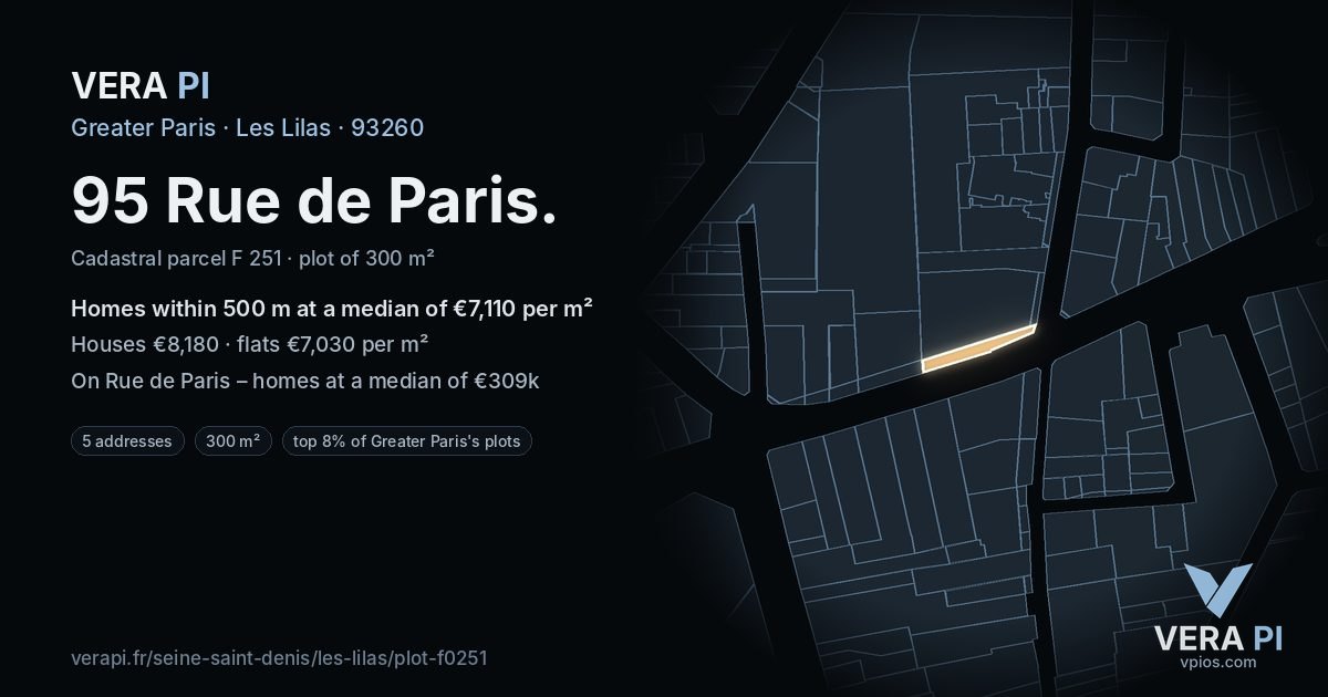 95 Rue de Paris, Les Lilas at night – the plot lit, the parcels around coloured by the prices near them