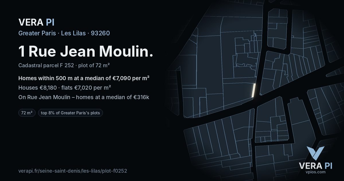1 Rue Jean Moulin, Les Lilas at night – the plot lit, the parcels around coloured by the prices near them
