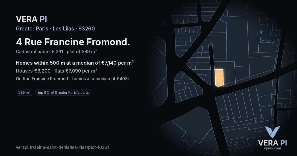 4 Rue Francine Fromond, Les Lilas at night – the plot lit, the parcels around coloured by the prices near them