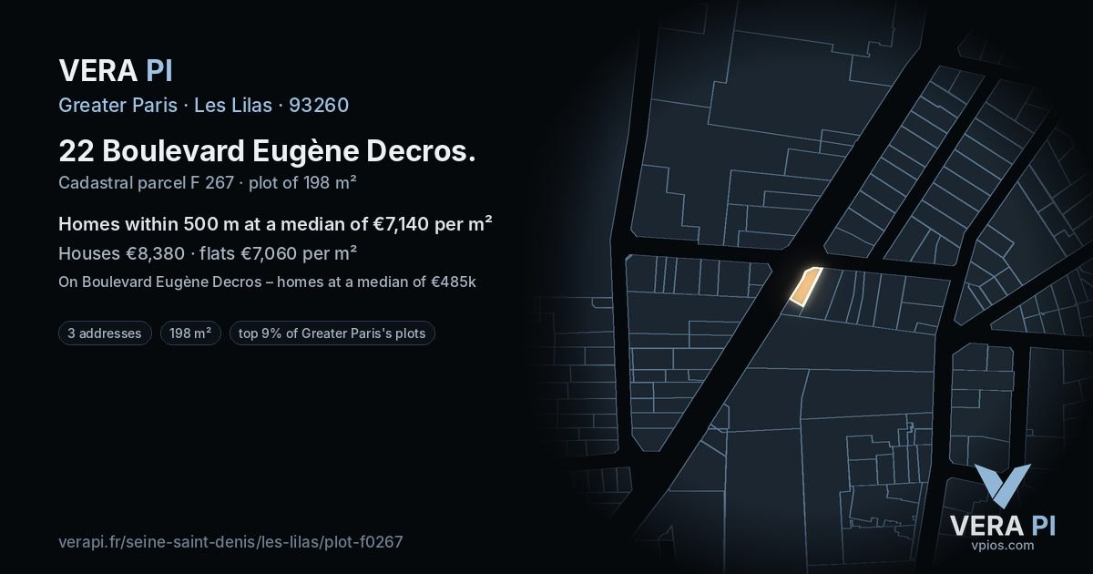 22 Boulevard Eugène Decros, Les Lilas at night – the plot lit, the parcels around coloured by the prices near them