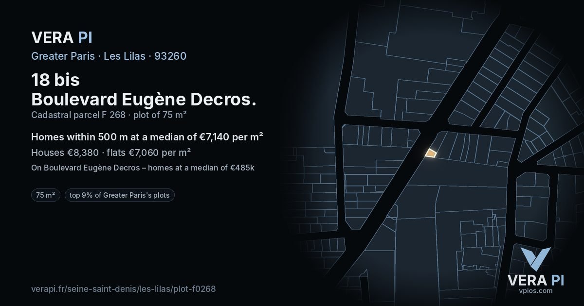 18 bis Boulevard Eugène Decros, Les Lilas at night – the plot lit, the parcels around coloured by the prices near them