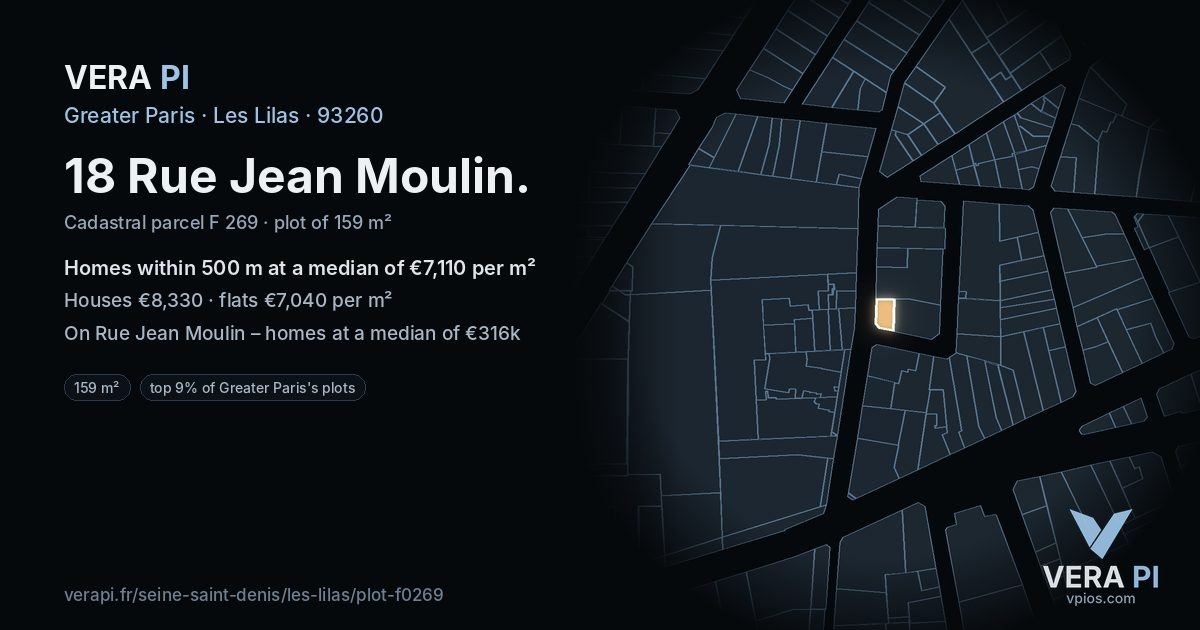 18 Rue Jean Moulin, Les Lilas at night – the plot lit, the parcels around coloured by the prices near them