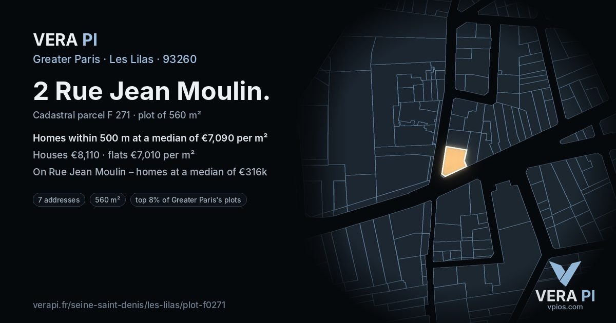 2 Rue Jean Moulin, Les Lilas at night – the plot lit, the parcels around coloured by the prices near them