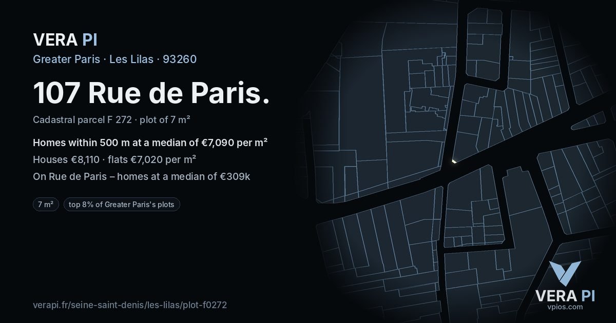 107 Rue de Paris, Les Lilas at night – the plot lit, the parcels around coloured by the prices near them