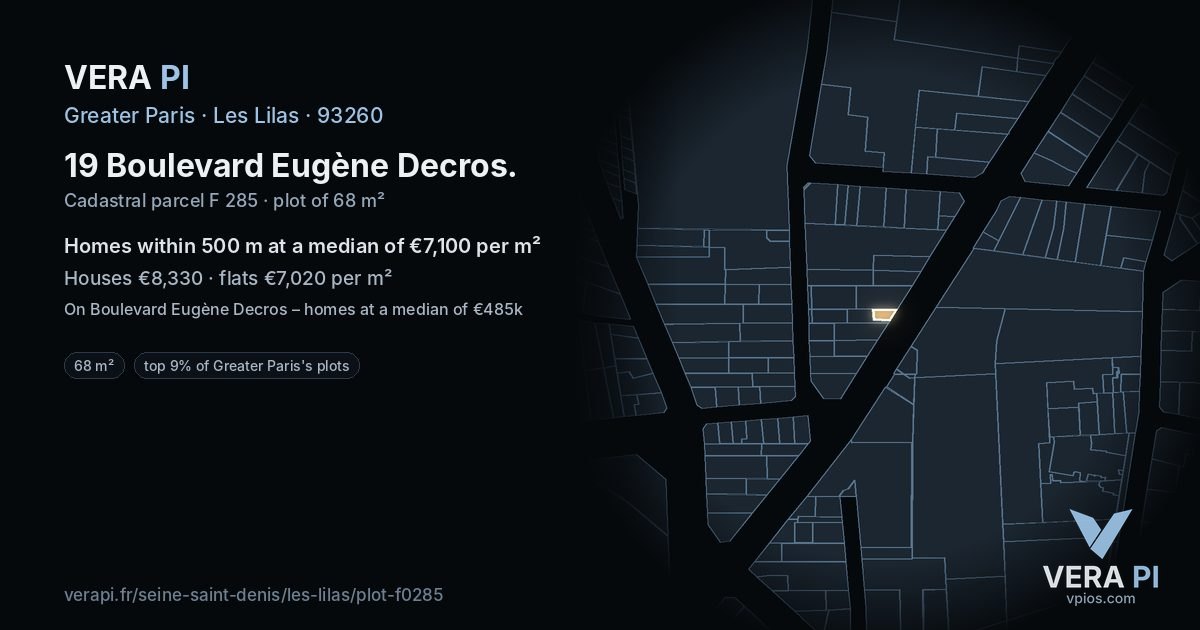 19 Boulevard Eugène Decros, Les Lilas at night – the plot lit, the parcels around coloured by the prices near them