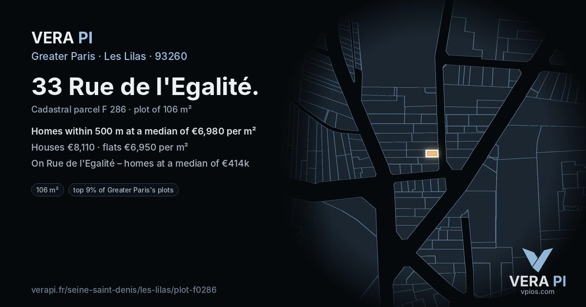 33 Rue de l'Egalité, Les Lilas at night – the plot lit, the parcels around coloured by the prices near them