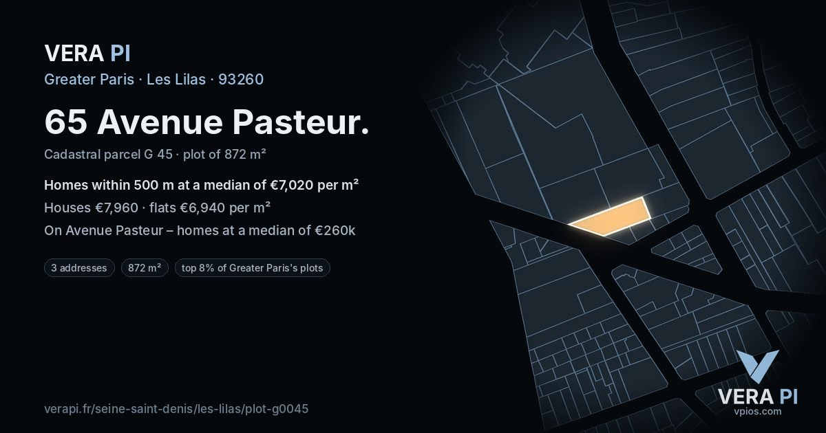 65 Avenue Pasteur, Les Lilas at night – the plot lit, the parcels around coloured by the prices near them