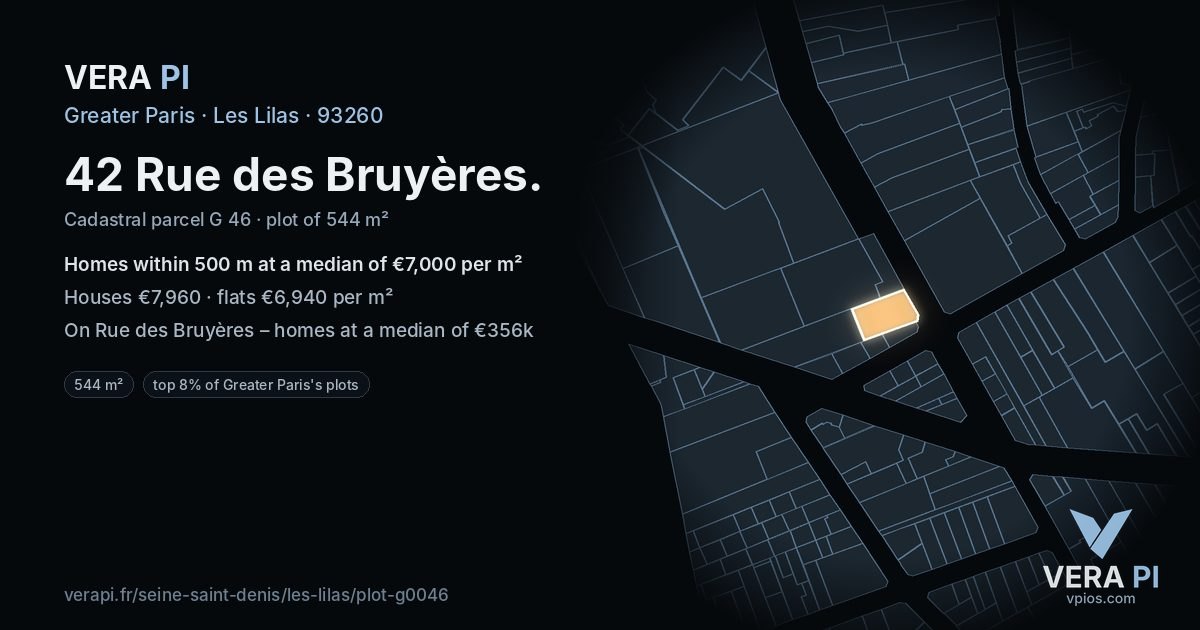 42 Rue des Bruyères, Les Lilas at night – the plot lit, the parcels around coloured by the prices near them
